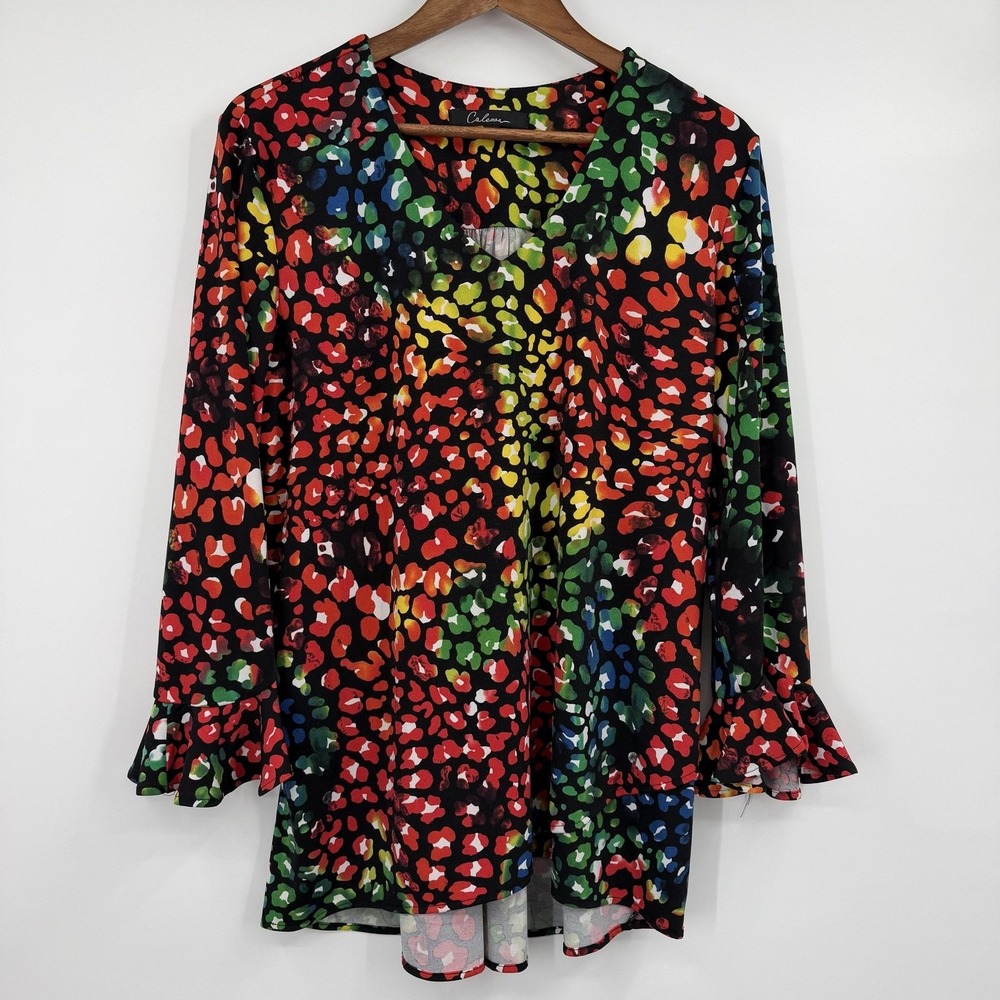 Calessa Tunic Top Womens Large Multicolor Long Sleeve Bell Sleeve Animal Print